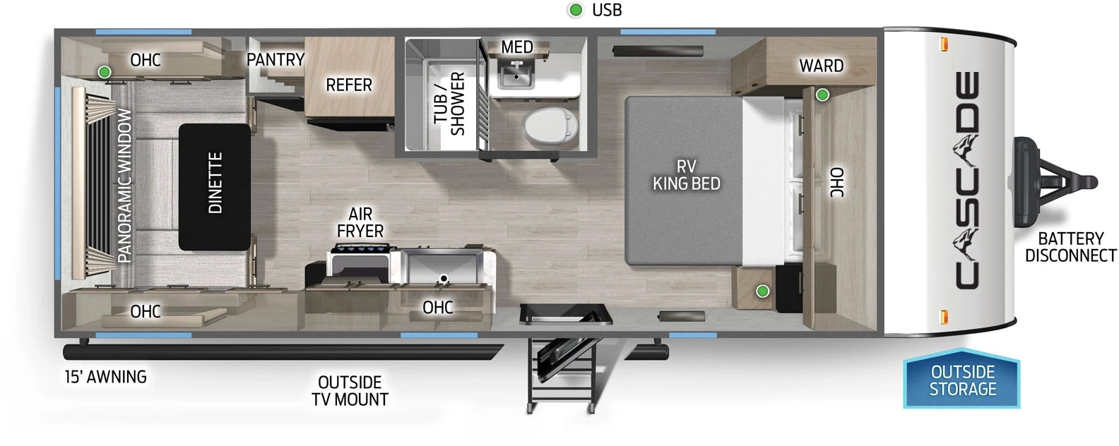 The Cascade 20RDSEC floorplan has one entry and zero slide outs. Exterior features include: fiberglass exterior and 15' awning. Interiors features include: u-dinette and front bedroom.